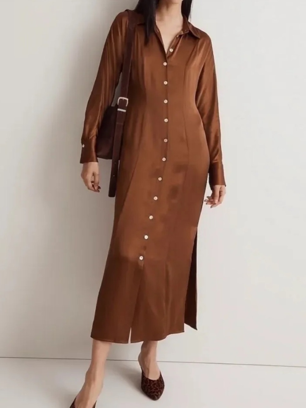 Madewell Brown Satin Button-Front Long-Sleeve Maxi Dress